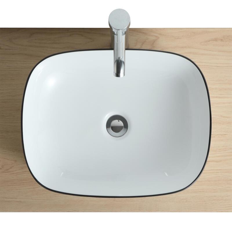 Vasque à poser rectangulaire en céramique blanche avec liseret noir 48x37cm