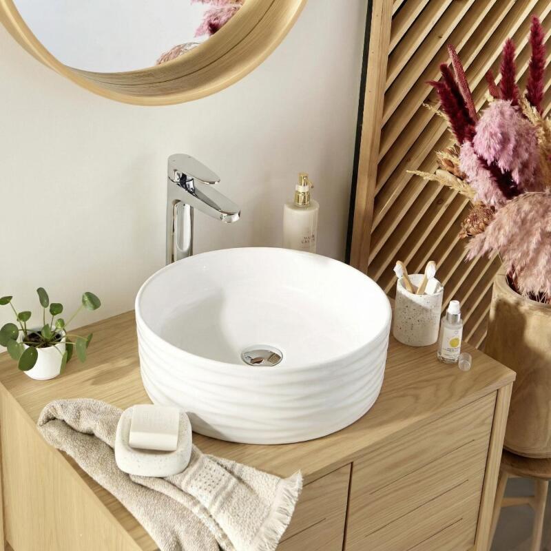 Vasque à poser ronde en céramique structuré blanche 36cm