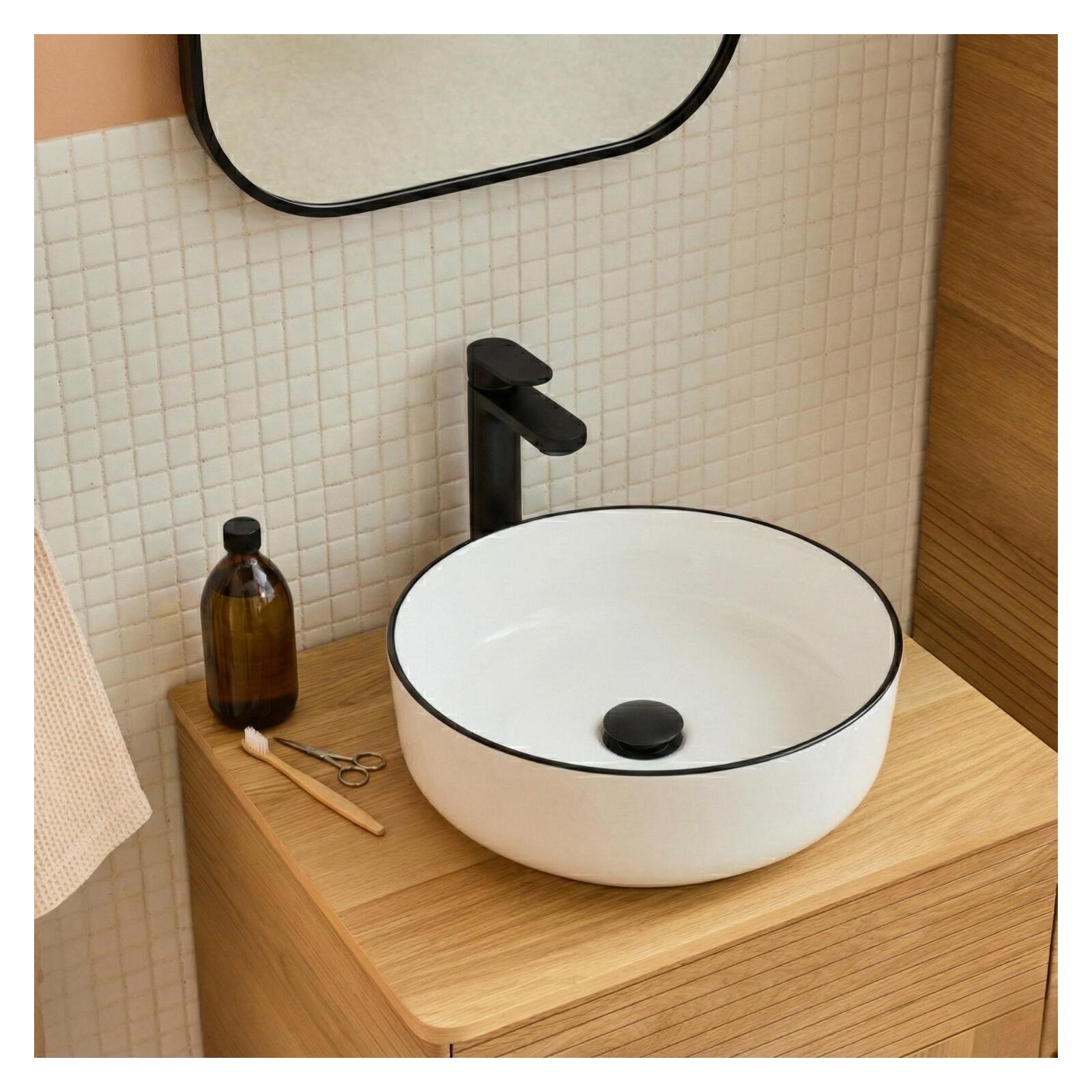 Vasque à poser ronde en céramique blanche et liseré noir 37cm