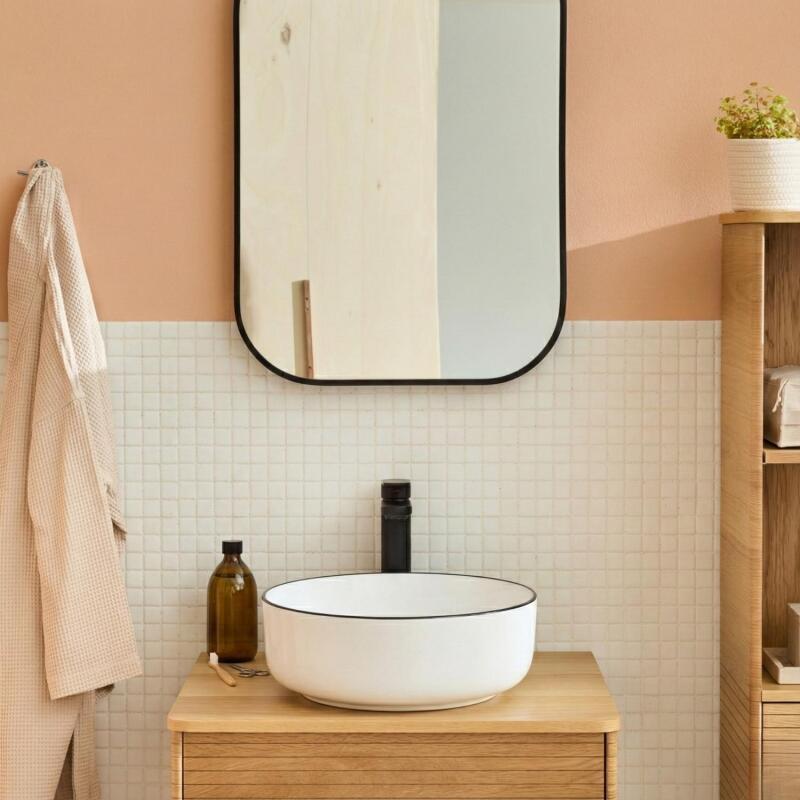 Vasque à poser ronde en céramique blanche et liseré noir 37cm