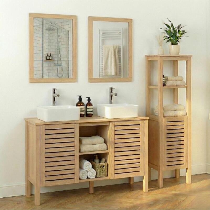 Meuble double vasque sur pieds en chêne naturel 120 cm