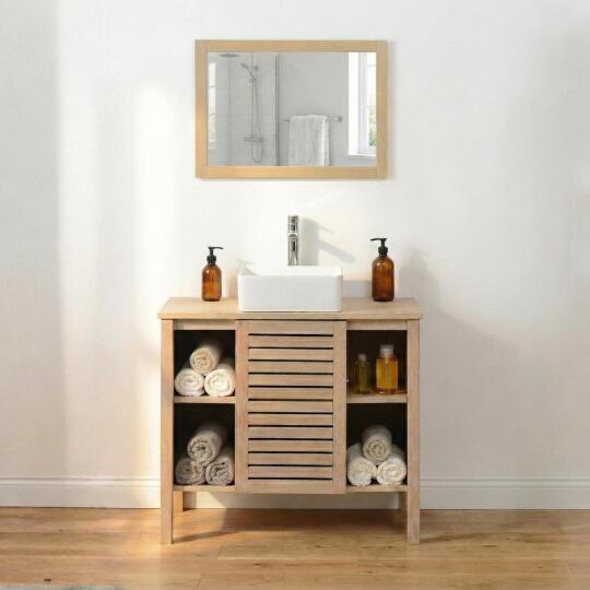 Meuble simple vasque sur pieds en chêne naturel 90 cm