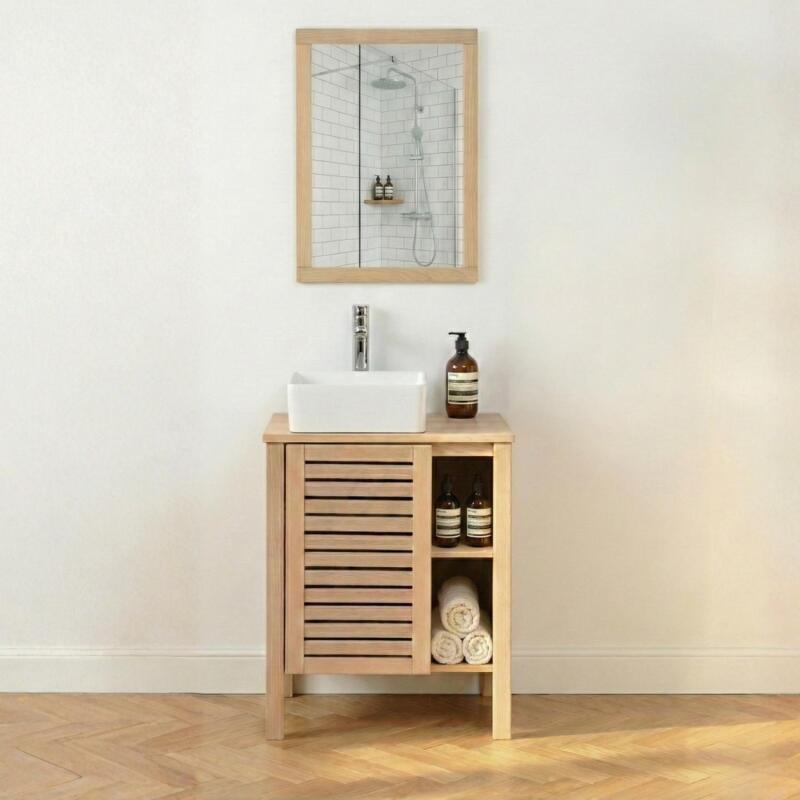 Meuble simple vasque sur pieds en chêne naturel 60 cm