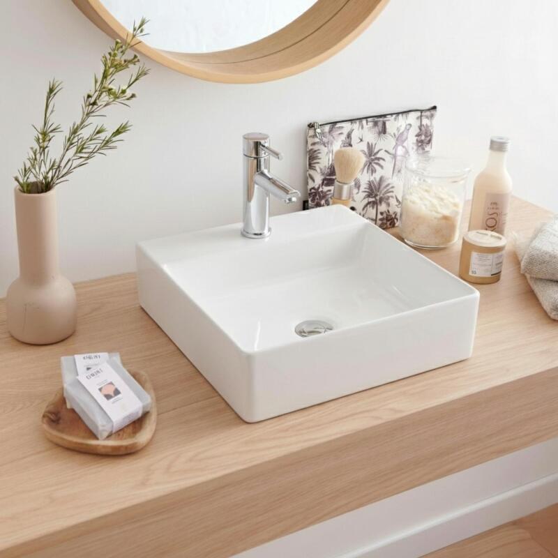 Vasque à poser ou à suspendre carrée en céramique 40cm