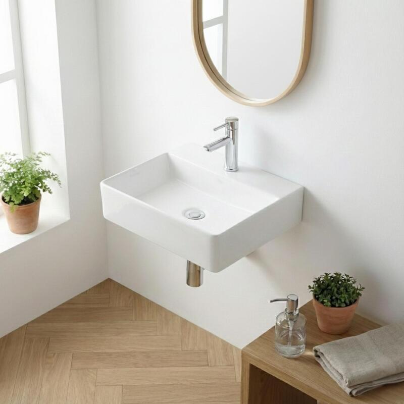 Vasque à poser ou à suspendre carrée en céramique 40cm