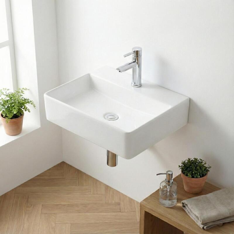 Vasque à poser ou à suspendre rectangle en céramique 60x49cm