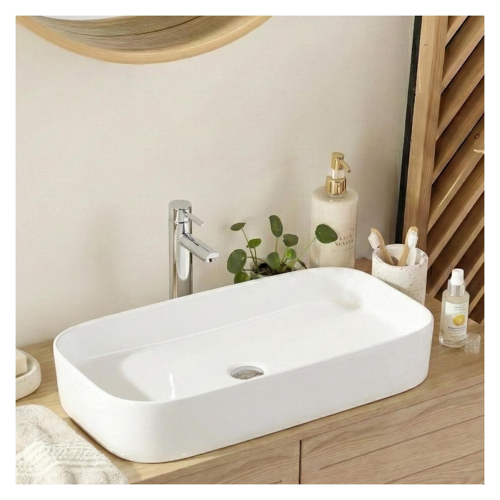 Vasque à poser rectangle en céramique blanche 75x39cm