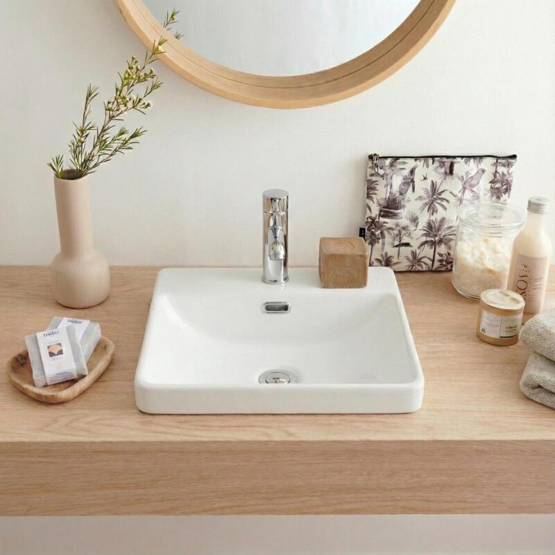 Vasque semi encastrée carrée en céramique blanche 37cm