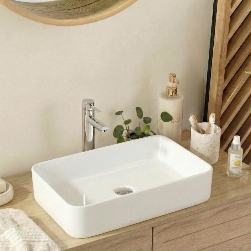 Vasque à poser rectangle en céramique blanche 60x37cm