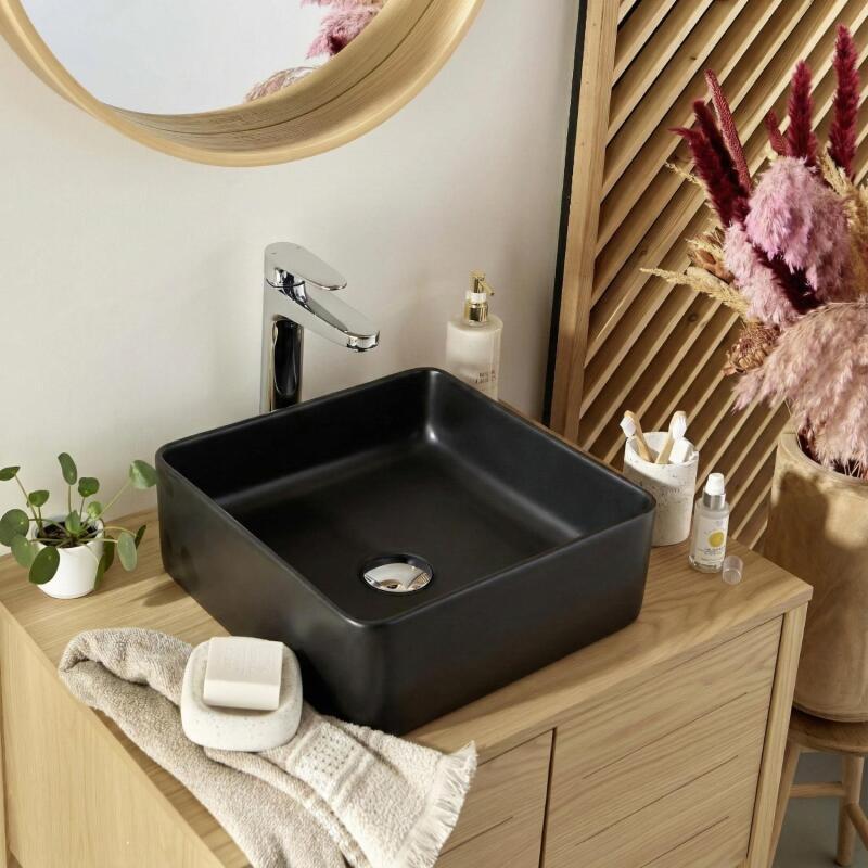 Vasque à poser carrée en céramique noire 36,5cm