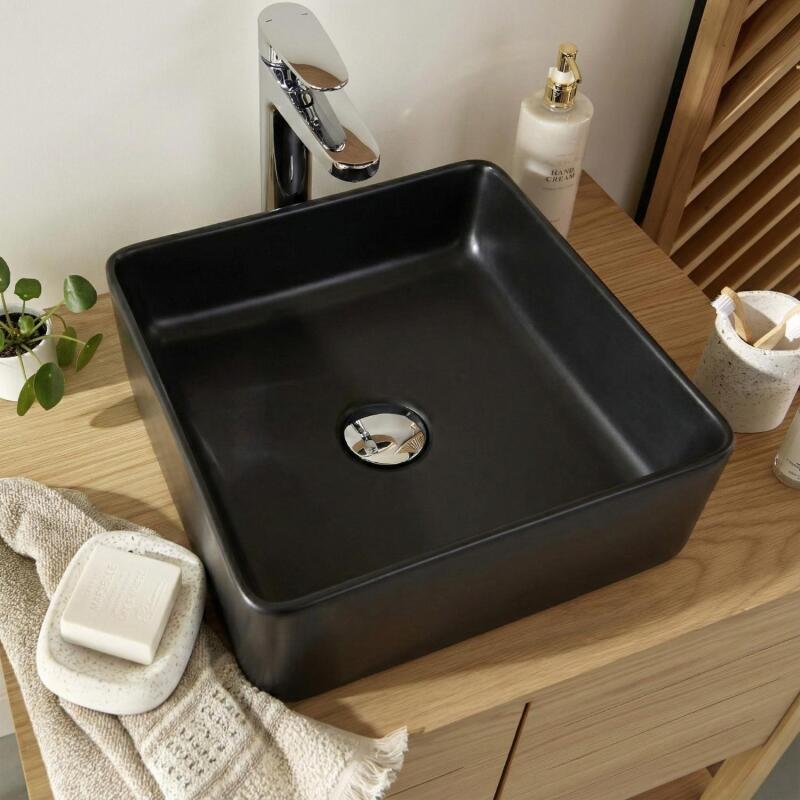 Vasque à poser carrée en céramique noire 36,5cm
