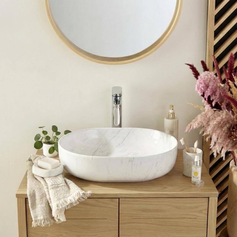 Vasque à poser ovale en céramique effet marbre 48x37cm