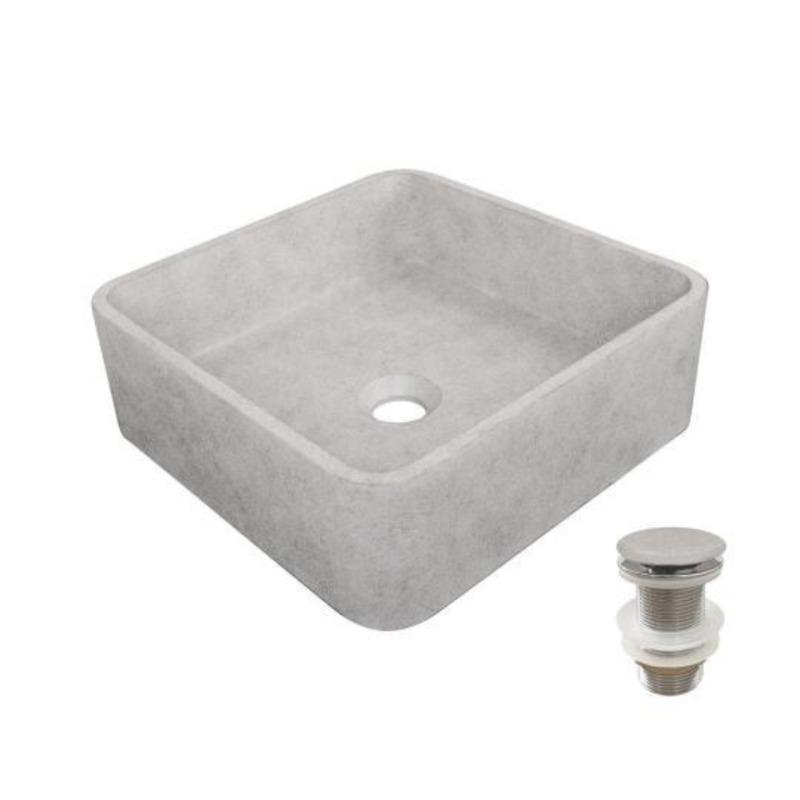 Vasque à poser carrée en béton brossé 36cm + bonde assortie