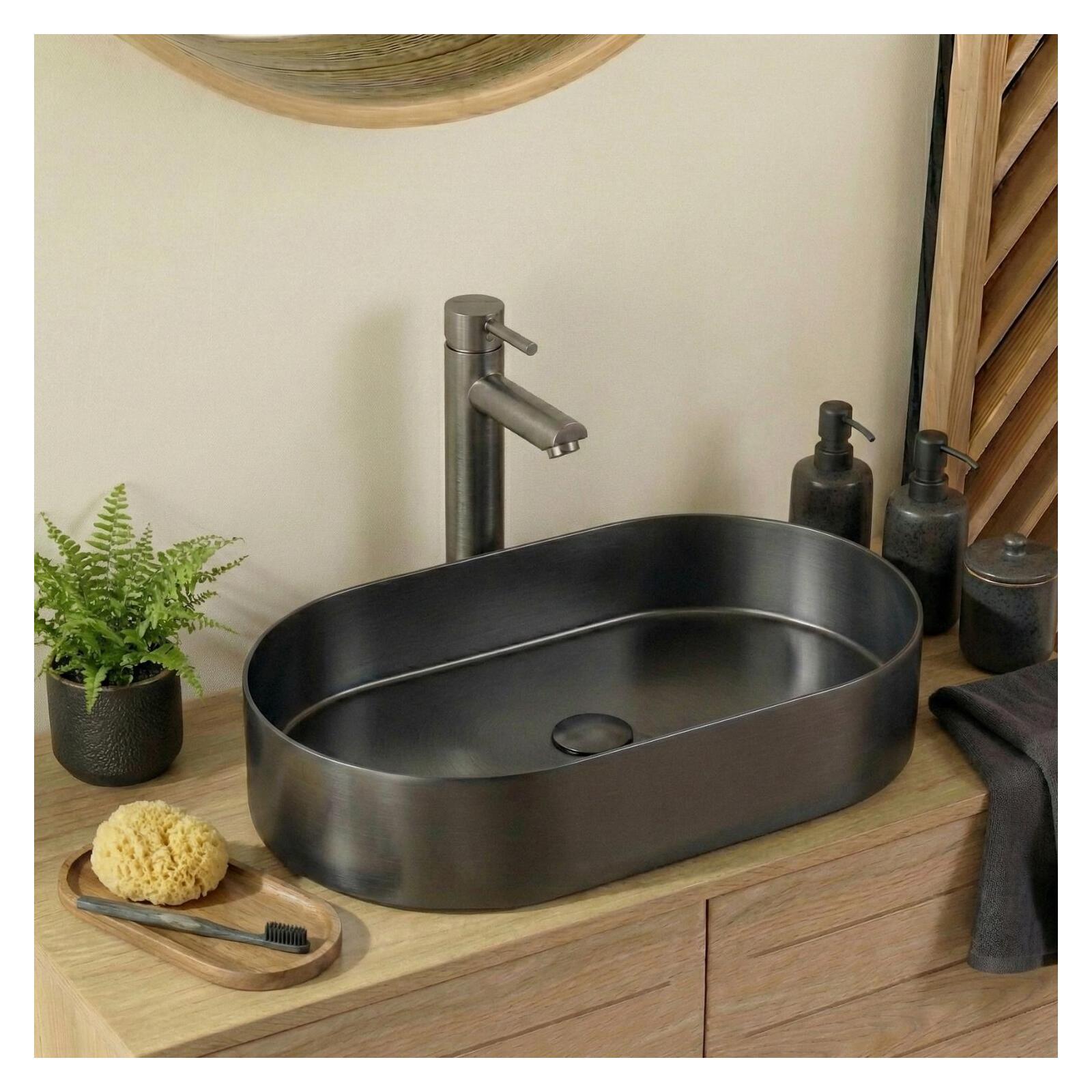 Vasque à poser ovale gunmetal en inox 55x35 cm avec sa bonde assortie