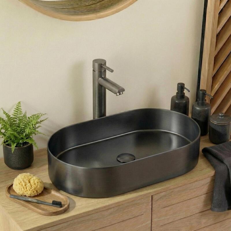 Vasque à poser ovale gunmetal en inox 55x35 cm avec sa bonde assortie