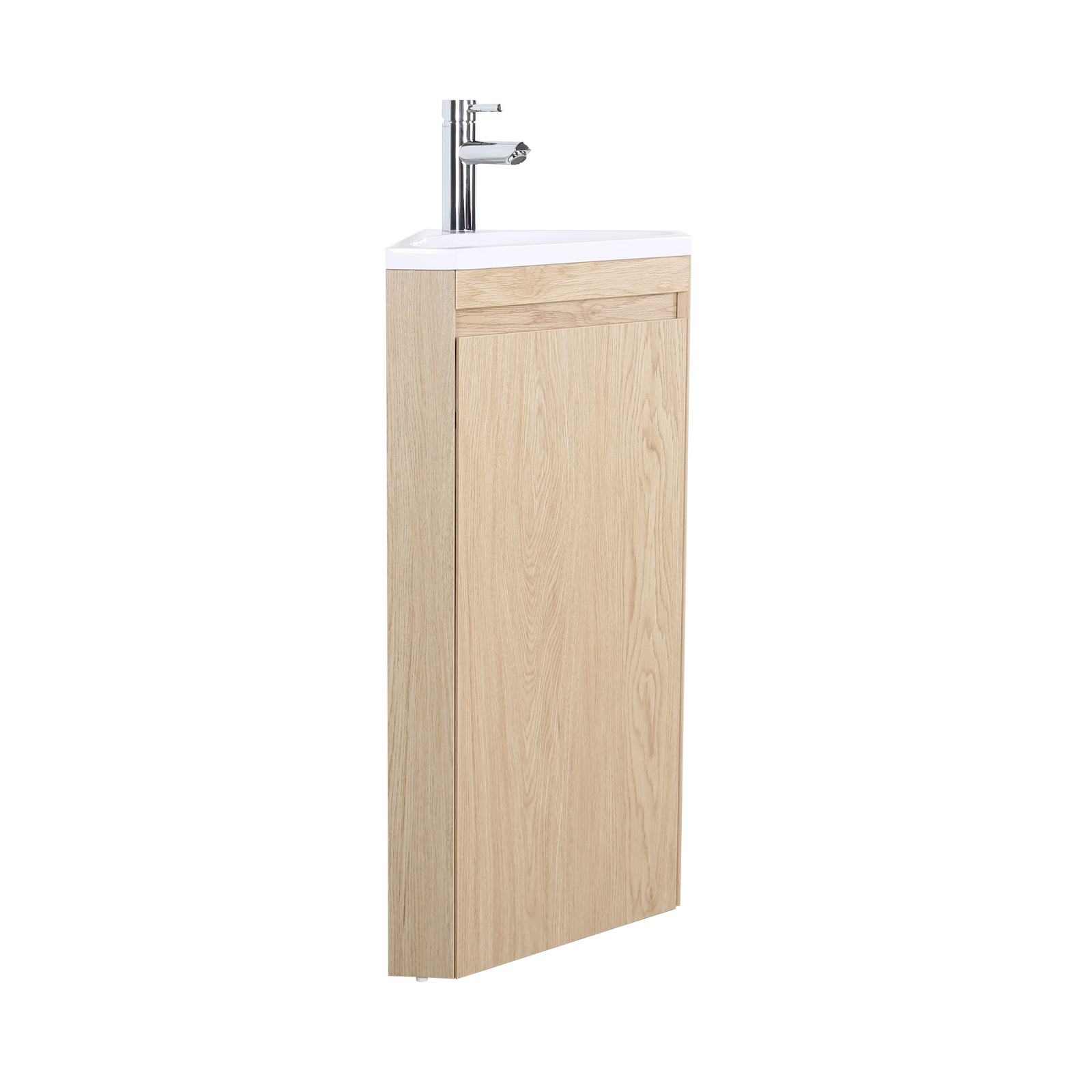 Meuble lave-mains d'angle sur pieds avec robinet chromé et armoire de toilette