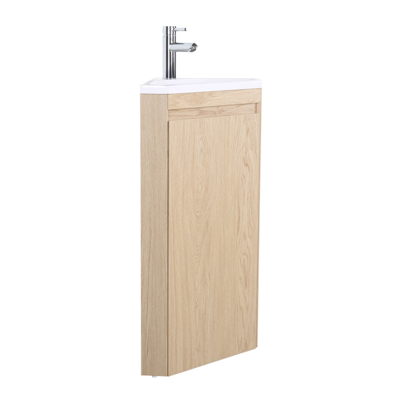 Meuble lave-mains d'angle sur pieds avec robinet chromé et armoire de toilette