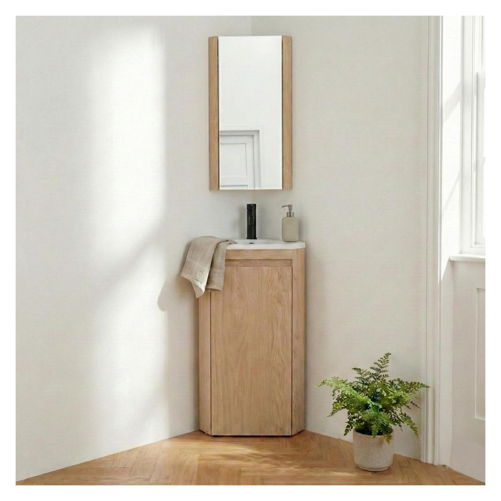 Meuble lave-mains d'angle sur pieds avec robinet noir et armoire de toilette