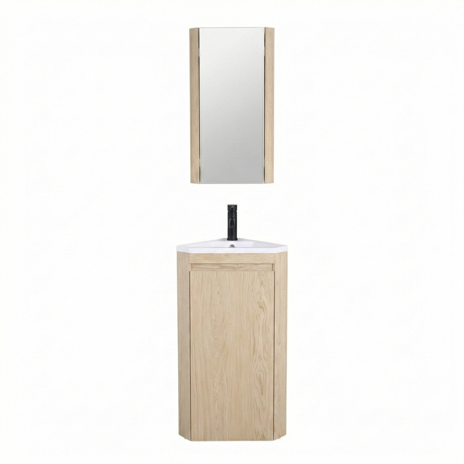 Meuble lave-mains d'angle sur pieds avec robinet noir et armoire de toilette