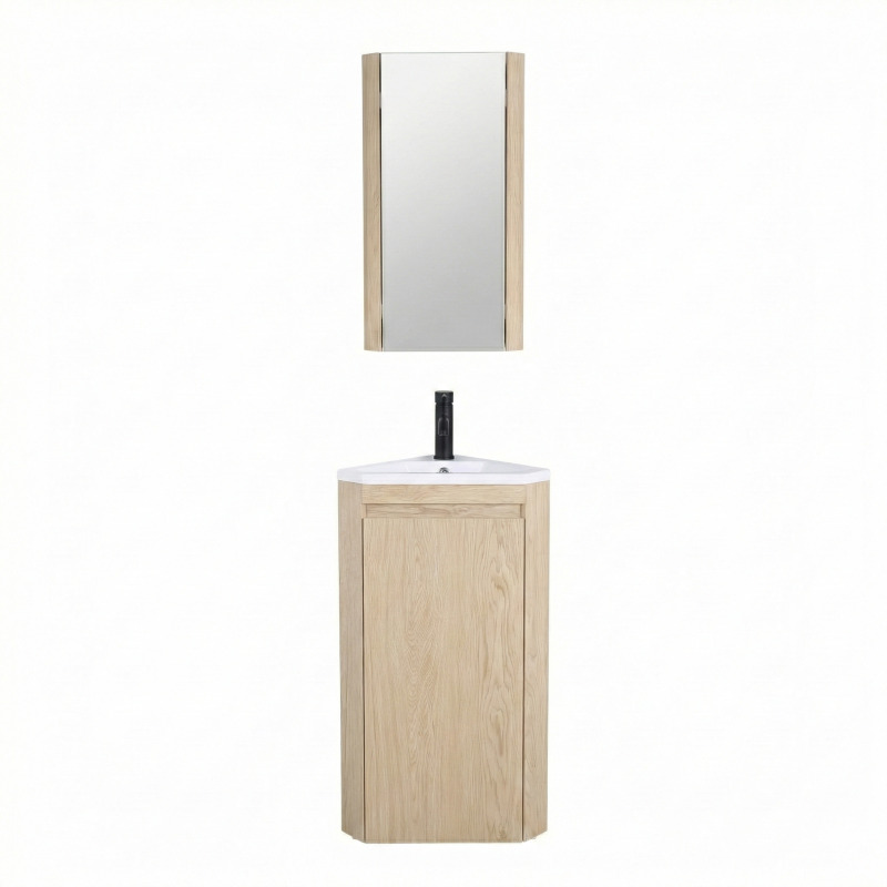 Meuble lave-mains d'angle sur pieds avec robinet noir et armoire de toilette