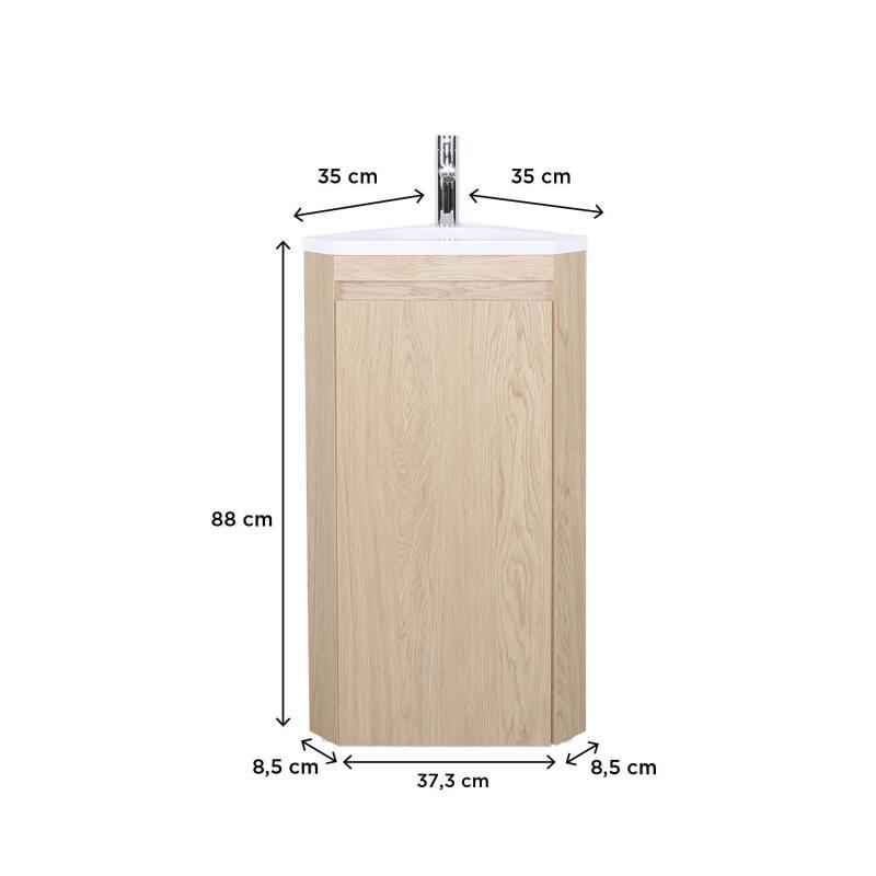 Meuble lave-mains d'angle sur pieds avec robinet noir et armoire de toilette