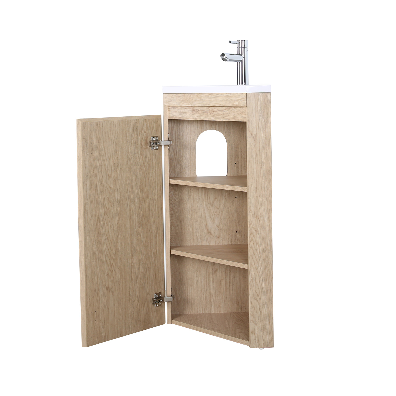 Meuble lave-mains d'angle sur pieds avec robinet noir et armoire de toilette