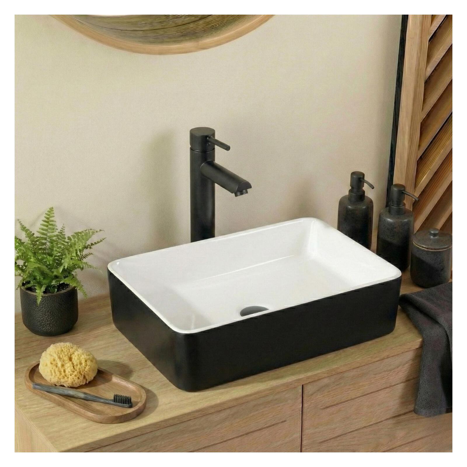 Vasque à poser rectangulaire en céramique bicolore noire et blanche 47x36cm