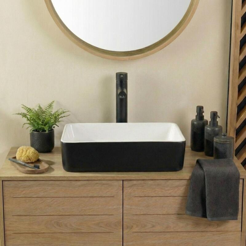 Vasque à poser rectangulaire en céramique bicolore noire et blanche 47x36cm