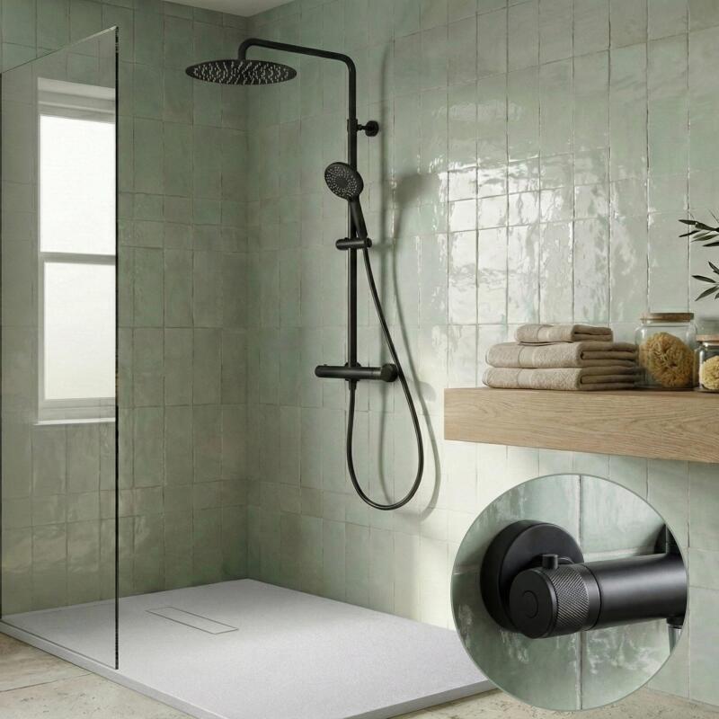 Colonne de douche thermostatique en inox avec tête ronde et poignées guillochées