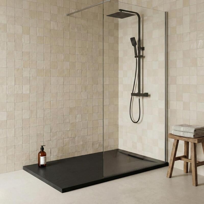 Receveur de douche en résine aspect pierre extra-plat noir - Bonde incluse