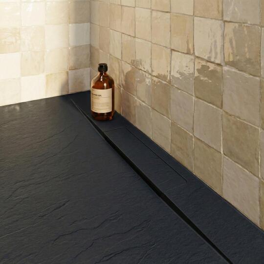 Receveur de douche en résine aspect pierre extra-plat noir - Bonde incluse