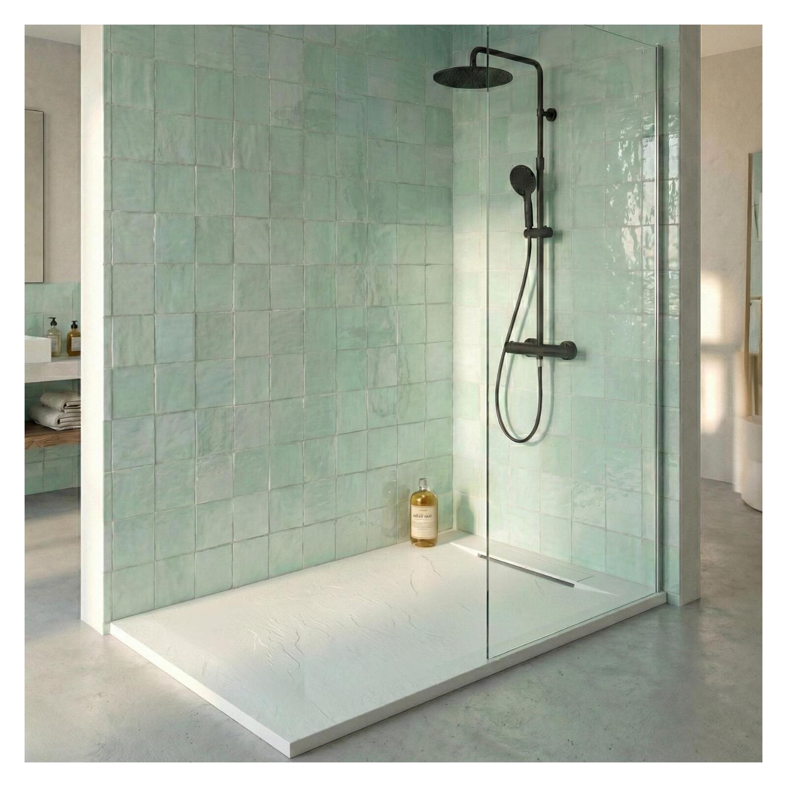 Receveur de douche en résine aspect pierre extra-plat blanc - Bonde incluse