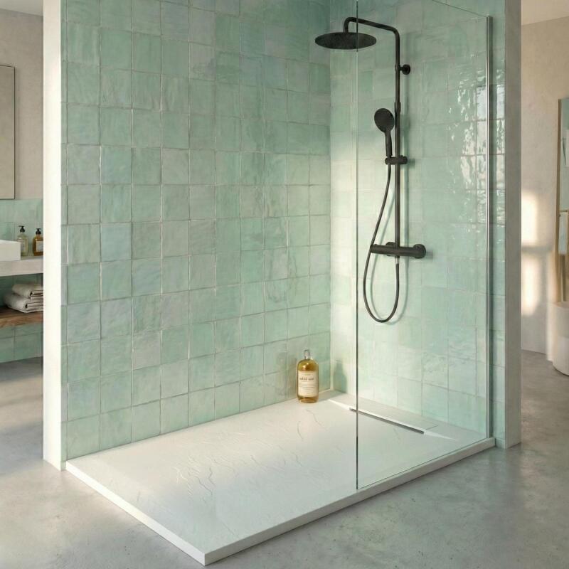 Receveur de douche en résine aspect pierre extra-plat blanc - Bonde incluse