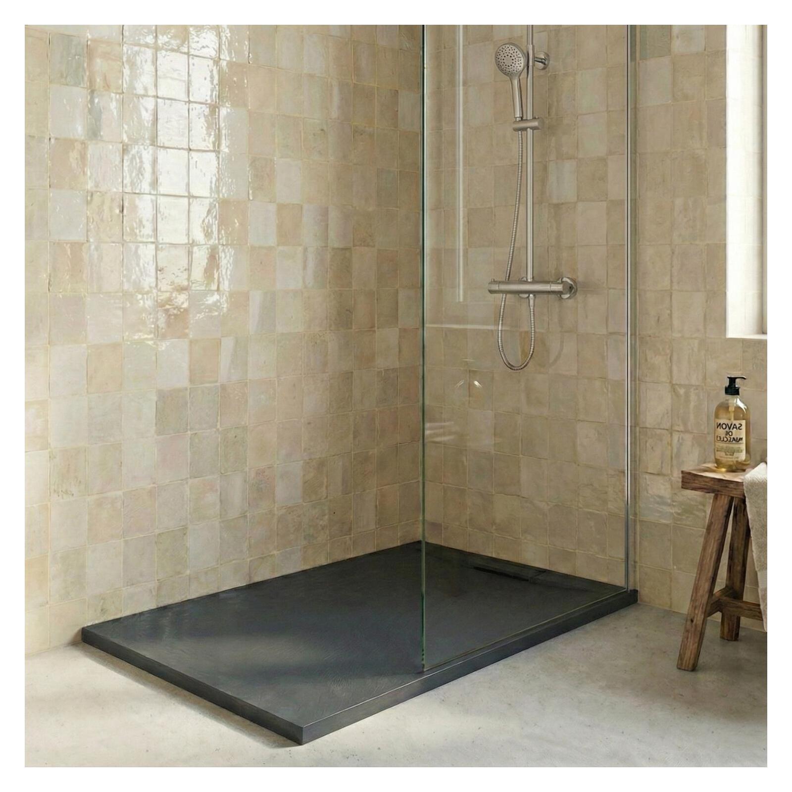 Receveur de douche en résine aspect pierre extra-plat gris anthracite - Bonde incluse