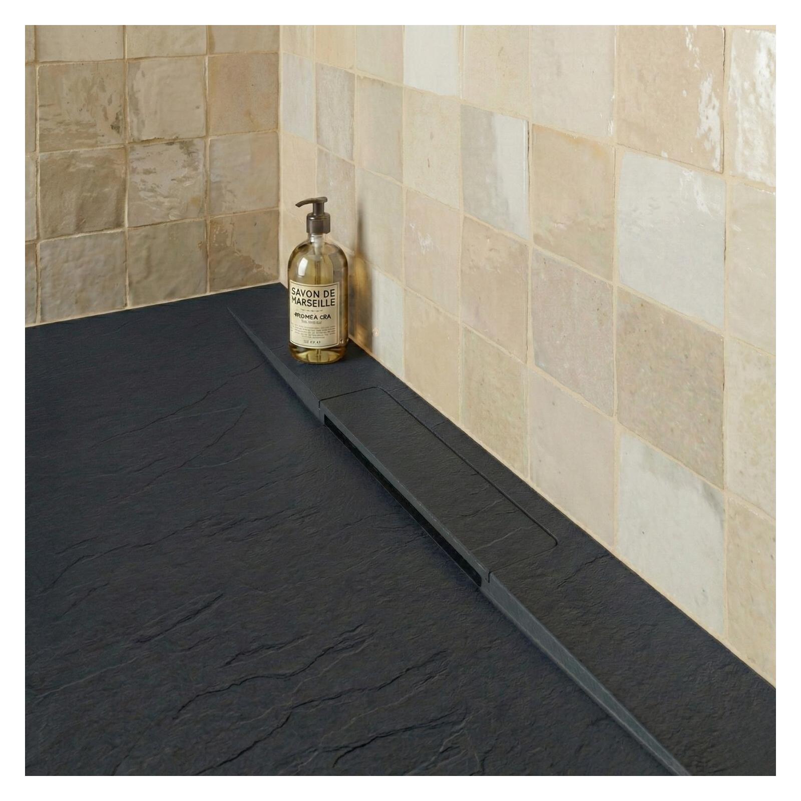 Receveur de douche en résine aspect pierre extra-plat gris anthracite - Bonde incluse