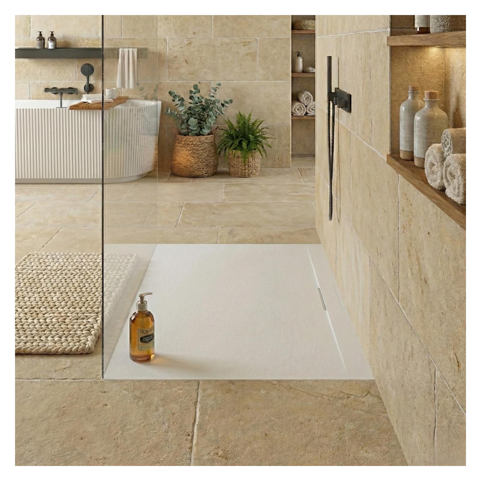Receveur de douche mural en résine aspect pierre extra-plat blanc - Bonde incluse
