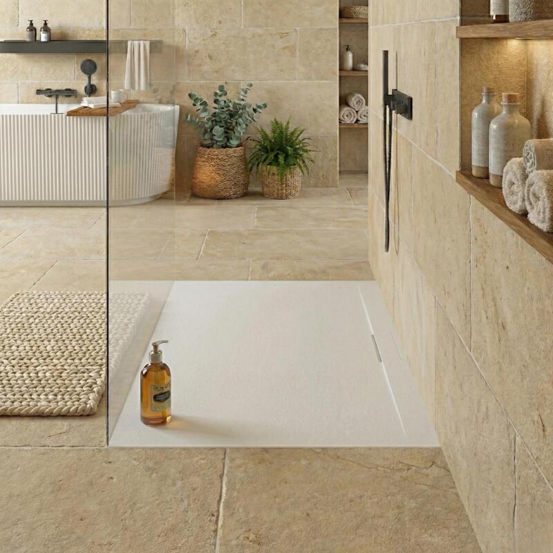 Receveur de douche mural en résine aspect pierre extra-plat blanc - Bonde incluse