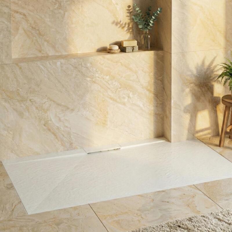 Receveur de douche mural en résine aspect pierre extra-plat blanc - Bonde incluse