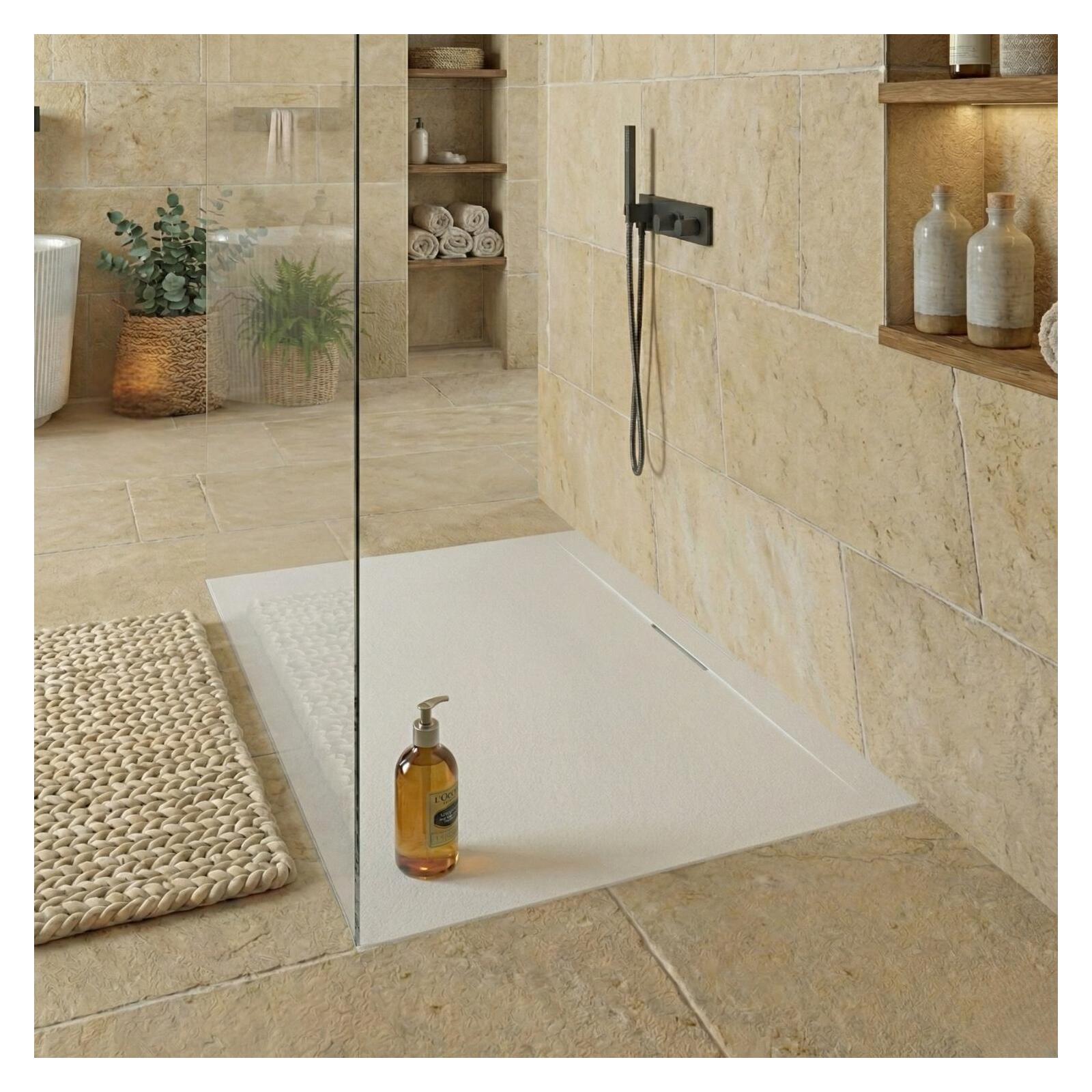 Receveur de douche mural en résine aspect pierre extra-plat blanc - Bonde incluse