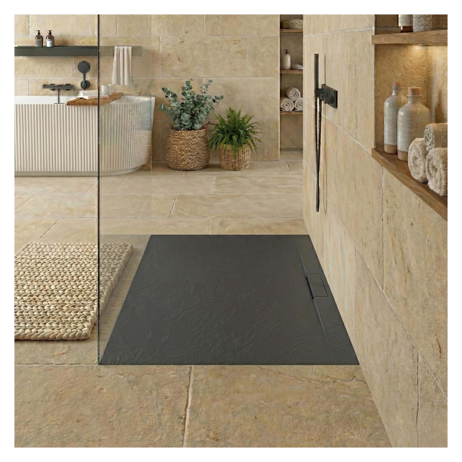 Receveur de douche mural en résine aspect pierre extra-plat gris anthracite - Bonde incluse