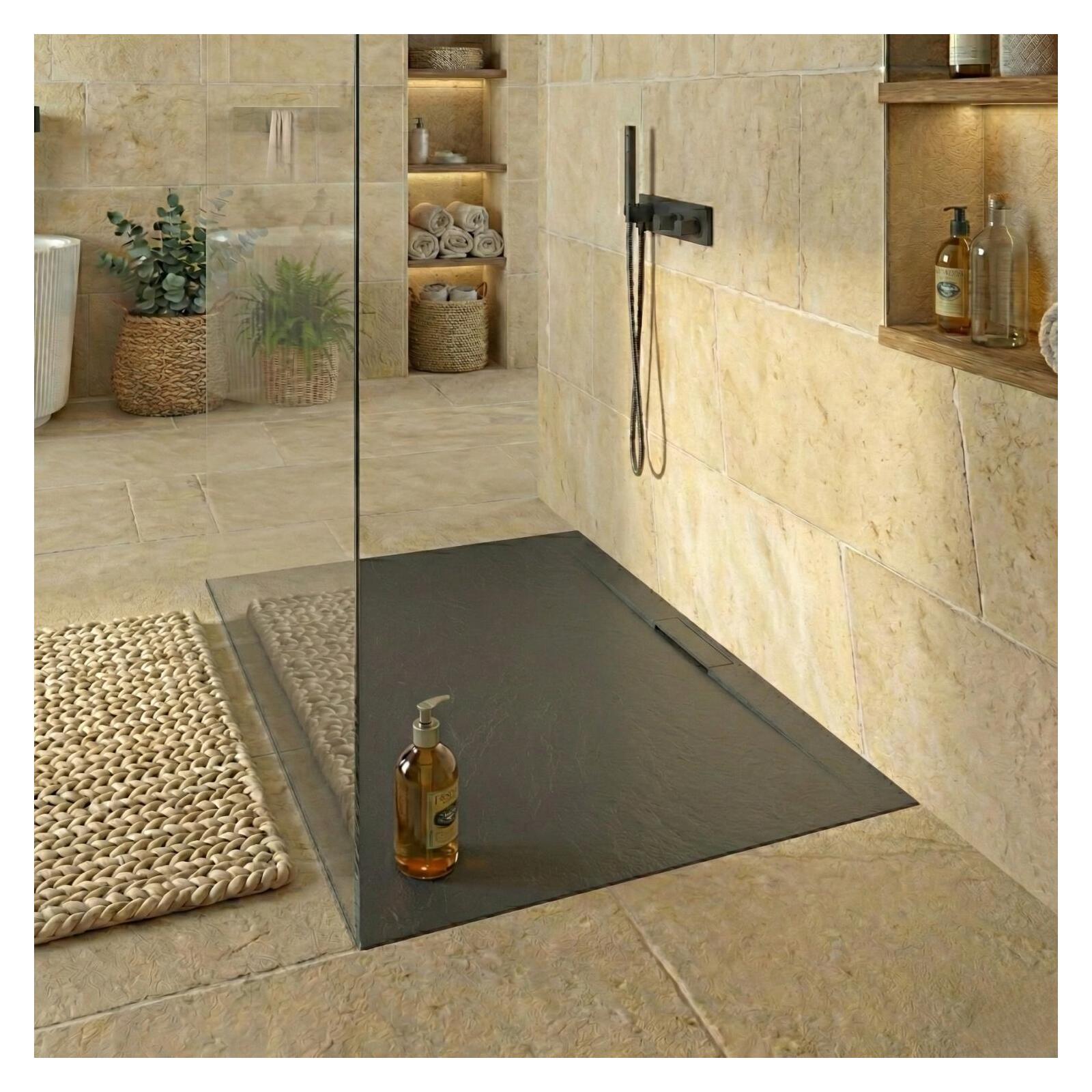 Receveur de douche mural en résine aspect pierre extra-plat gris anthracite - Bonde incluse