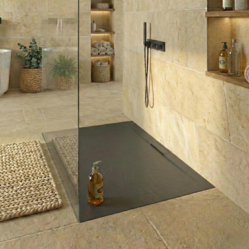 Receveur de douche mural en résine aspect pierre extra-plat gris anthracite - Bonde incluse