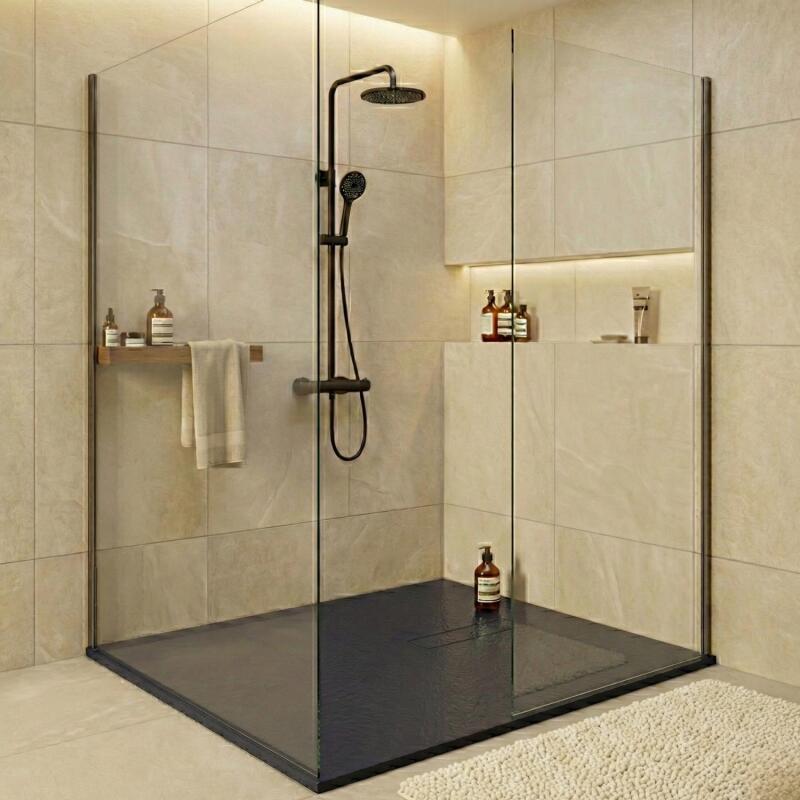 Receveur de douche en résine aspect pierre extra-plat gris anthracite - Bonde incluse