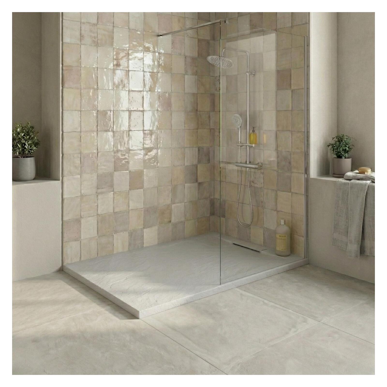 Receveur de douche en résine aspect pierre extra-plat gris clair - Bonde incluse