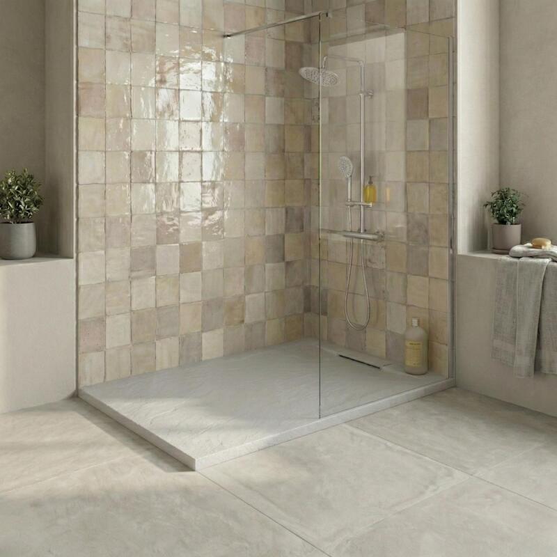 Receveur de douche en résine aspect pierre extra-plat gris clair - Bonde incluse