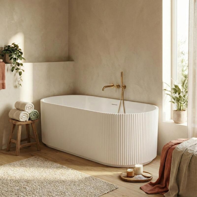 Baignoire îlot blanche 170cm striée en acrylique Lucite® - Livrée complète