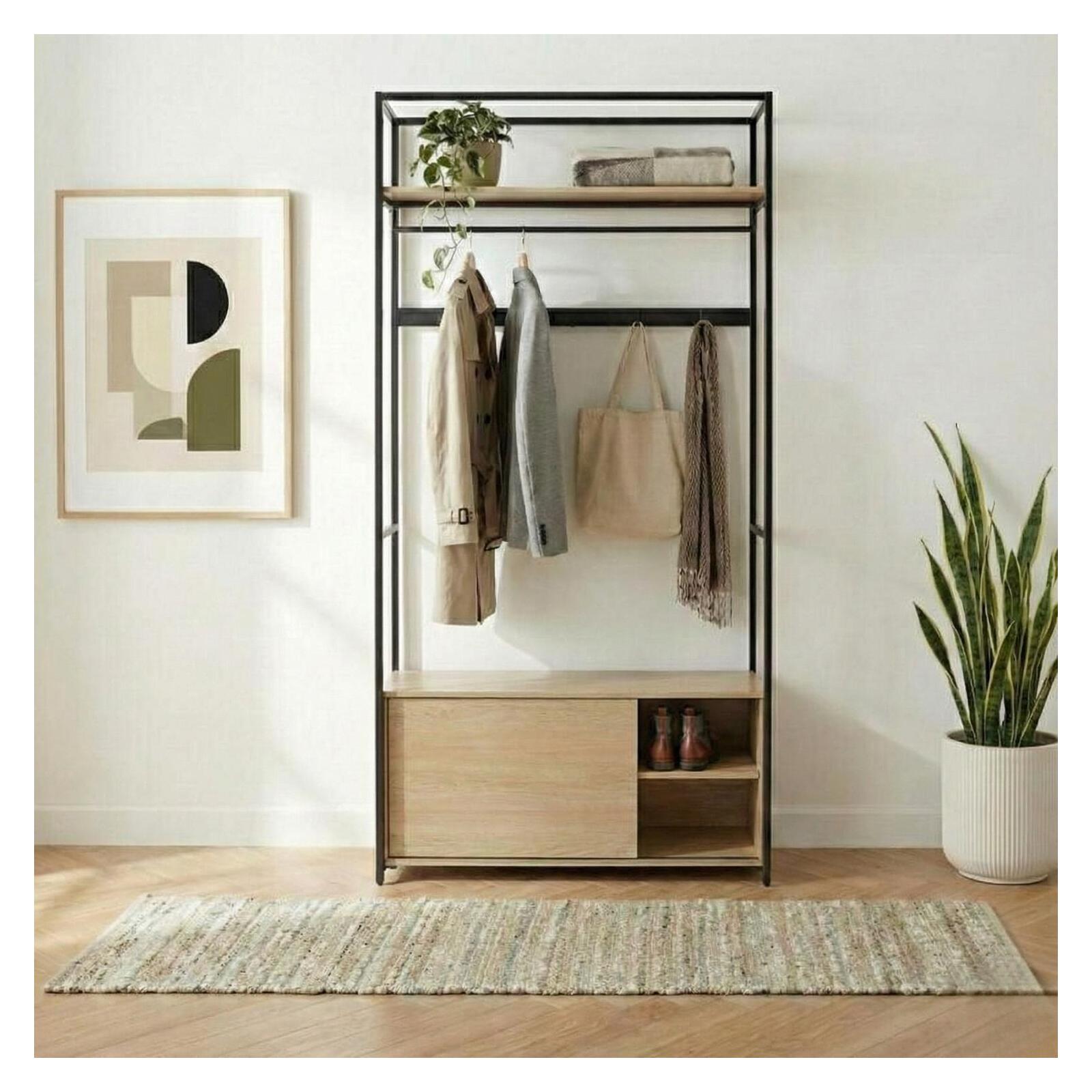 Portant d'entrée en bois et métal noir 110x200cm - rangement fermé et patères