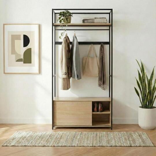 Portant d'entrée en bois et métal noir 110x200cm - rangement fermé et patères