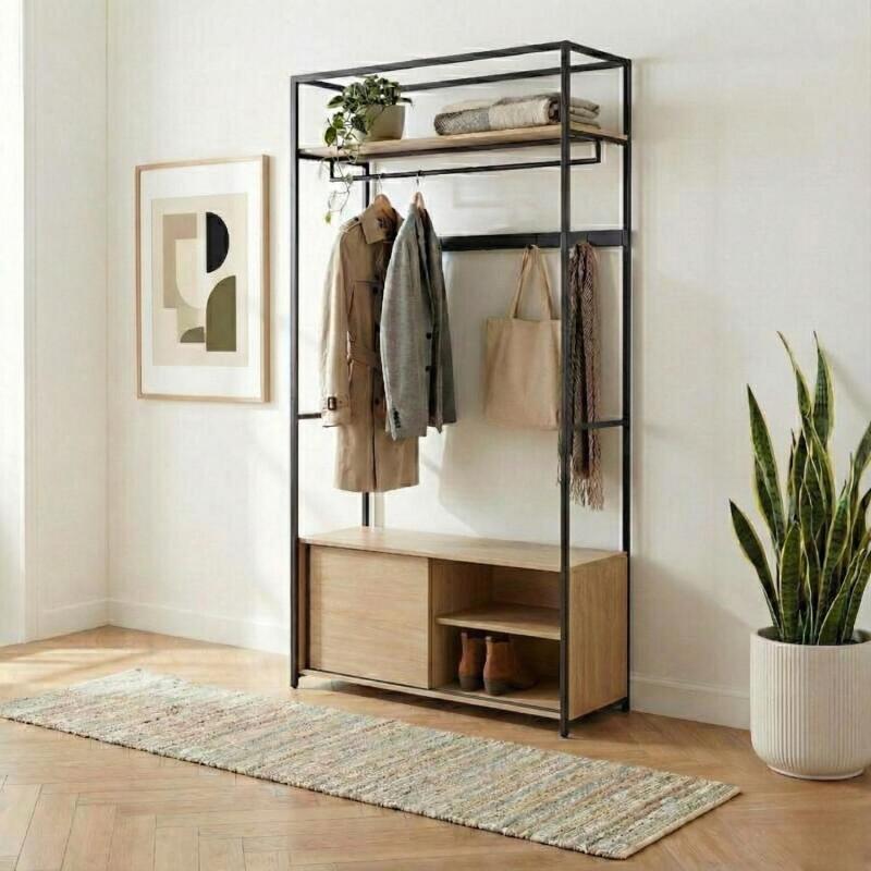Portant d'entrée en bois et métal noir 110x200cm - rangement fermé et patères