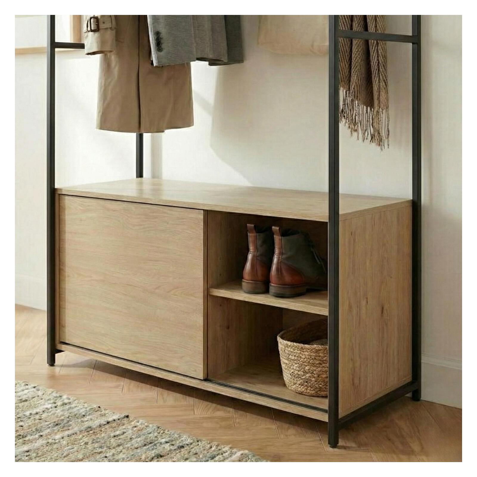 Portant d'entrée en bois et métal noir 110x200cm - rangement fermé et patères